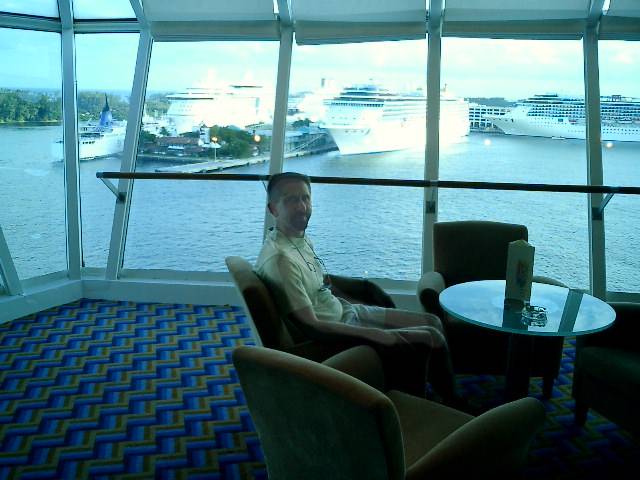 Rex relaxing during sail away. Click to display the image.