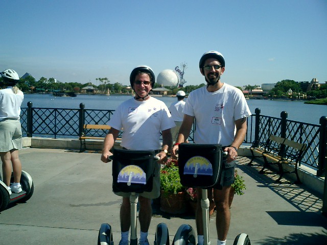 rex and steve on Segway overlooking main Epcot sphere