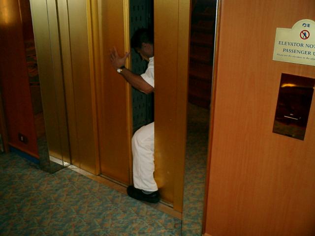 What a surprise, the elevators aren't working - again. And, of course, there are no steps in the middle of the ship.